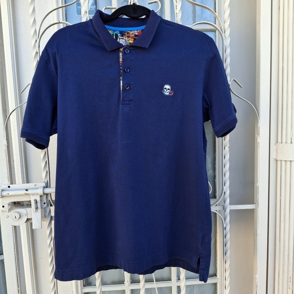 Robert Graham Embroidered Skull with Rose Navy Cotton Polo Shirt Men Size Large - Picture 5 of 16